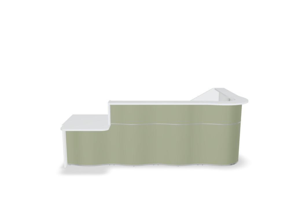 Empfangstheke Wave von Mdd in Weiss Pastell mit organischer HPL-Front, Aluminiumstreifen und modularer Wellenform-Konstruktion.