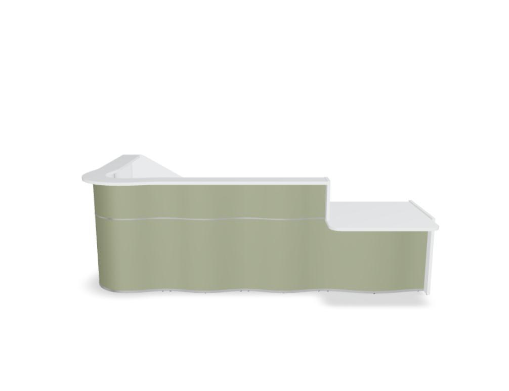 Empfangstheke Wave von Mdd in Weiss Pastell mit organischer HPL-Front, Aluminiumstreifen und modularer Wellenform-Konstruktion.