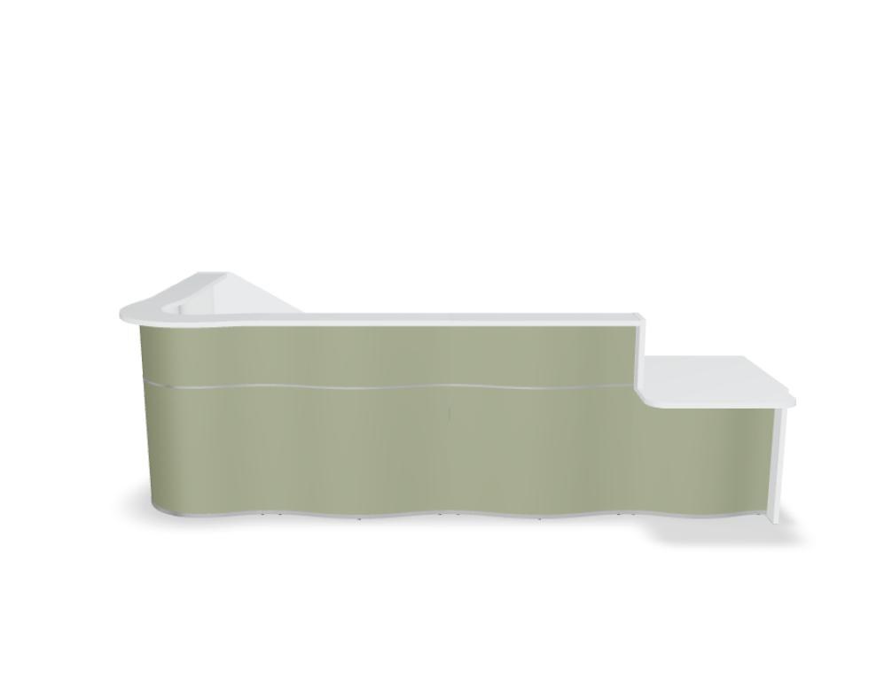 Empfangstheke Wave von Mdd in Weiss Pastell mit organischer HPL-Front, Aluminiumstreifen und modularer Wellenform-Konstruktion.