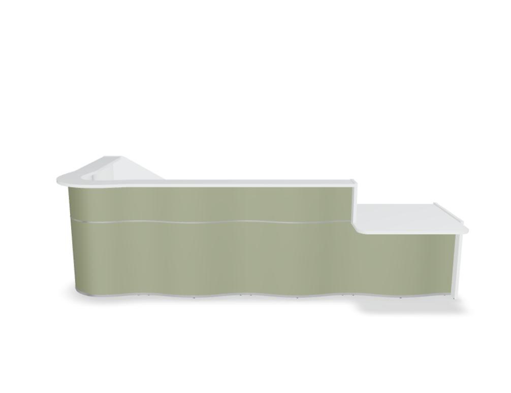 Empfangstheke Wave von Mdd in Weiss Pastell mit organischer HPL-Front, Aluminiumstreifen und modularer Wellenform-Konstruktion.