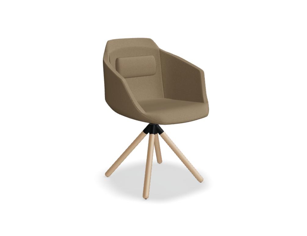 Gelber Drehstuhl mit gepolstertem Sitz, Rückenkissen und schwarzer Holz-Drehbasis auf 4-Sternfuss mit 360°-Drehfunktion.