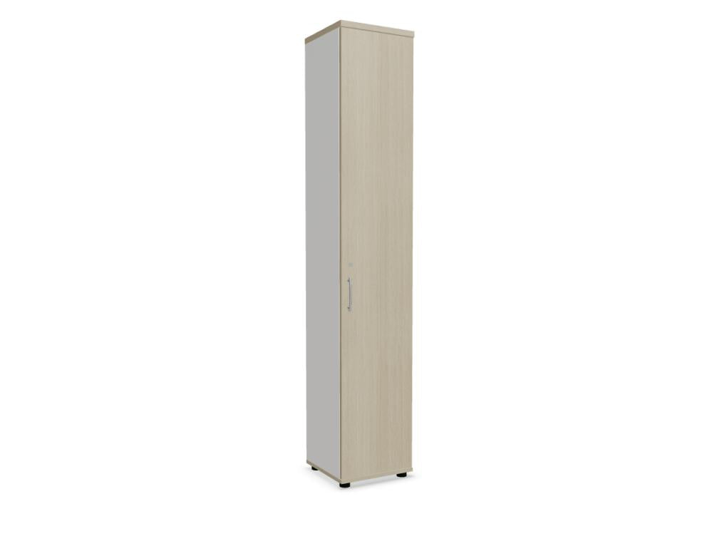 Bild eines modernen Büroschranks MDD Basic K66P2 aus der Serie Büroschränke. Der Schrank steht glatt kasettenartig mit hellem Holzfinish, dezente Metallgriffe und drei Türblätter; funktionale Innenaufteilung sichtbar, geeignet für Akten, Ordner und Büroutensilien.