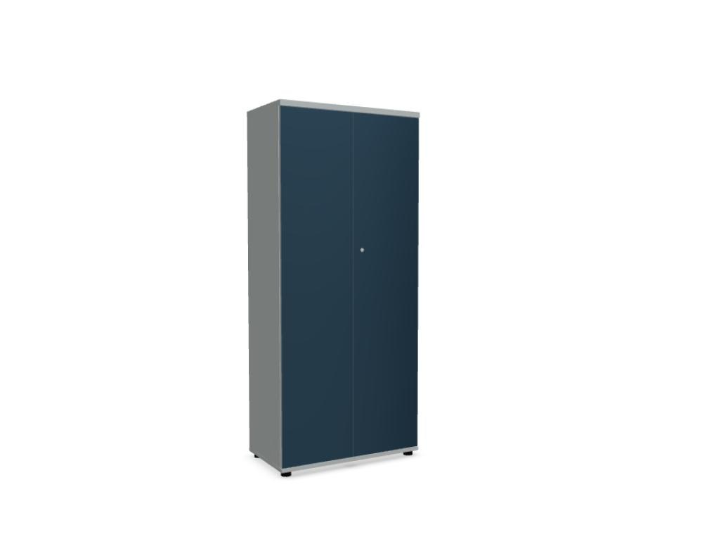 Büroschrank Color von Mdd mit Front aus farbigem HPL, Push-to-Open-System und Oberplatte in Aluminium Satinato, Melaminplatte.