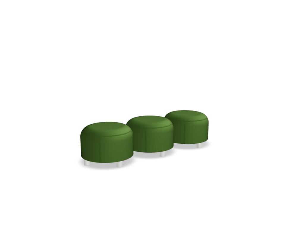 Gelbe Sitzhocker aus Spanplatte mit Schaumstoffpolsterung, Metallbeine, modular kombinierbar zu einem Pouf-Sitzsystem.