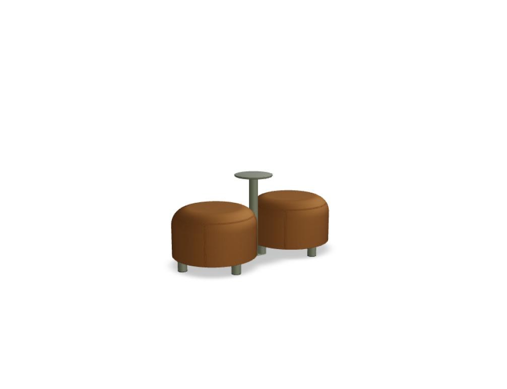 Gelbe Sitzhocker aus Spanplatte mit Schaumstoffpolsterung, Metallbeine, modular kombinierbar zu einem Pouf-Sitzsystem.