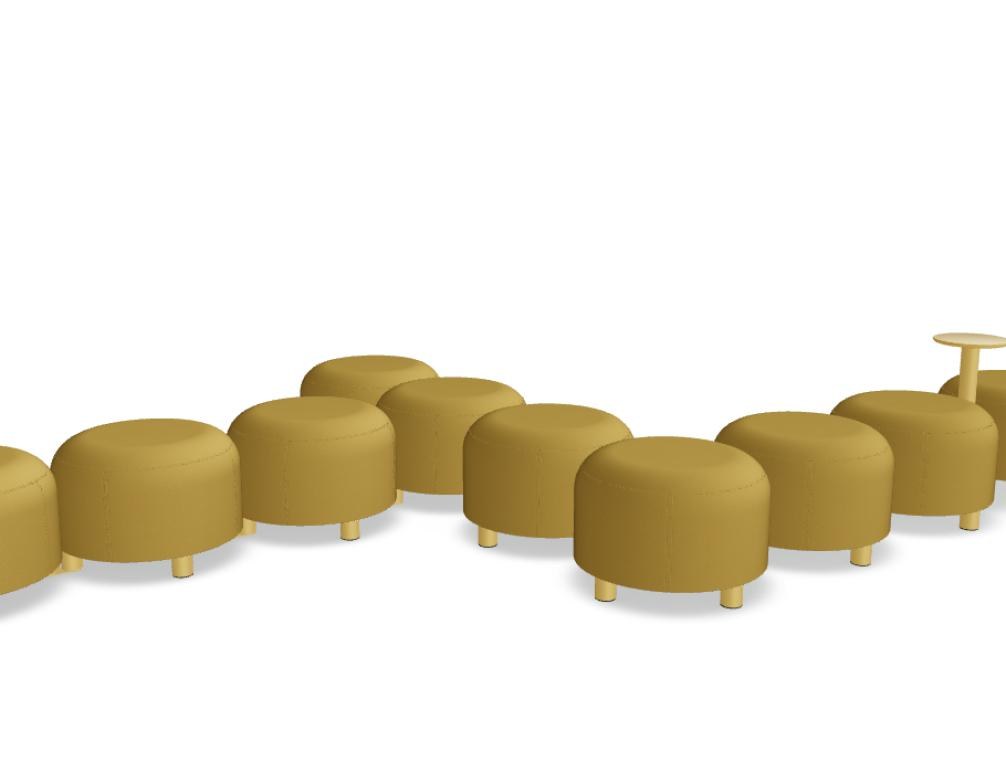 Gelbe Sitzhocker aus Spanplatte mit Schaumstoffpolsterung, Metallbeine, modular kombinierbar zu einem Pouf-Sitzsystem.