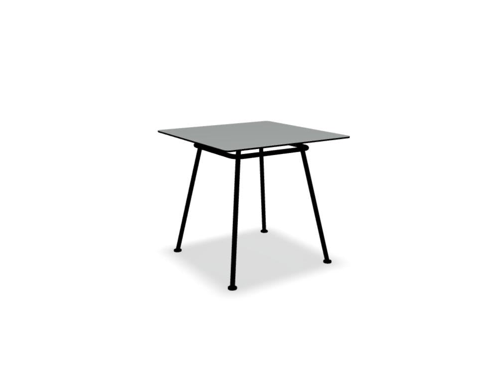Kaffeetisch mit quadratischer MDF-Tischplatte in Linoleum Dunkelgrün, auf pulverbeschichtetem Metallgestell mit Rohrfuss.