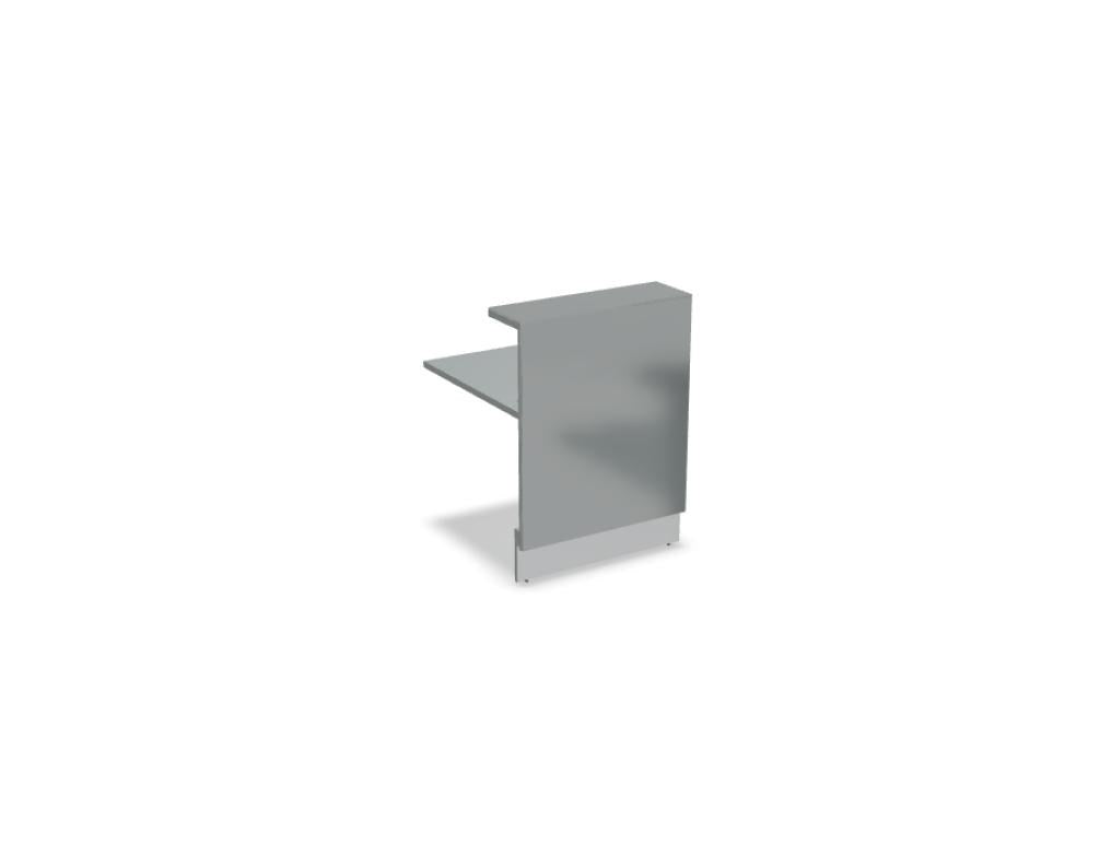 Empfangstheke Linea von Mdd mit silberner Glasfront, gebürstetem Aluminiumsockel und Edelstahl-Eckleiste, LED-Beleuchtung entlang der Theke.