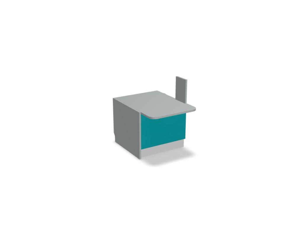 Empfangstheke Linea von Mdd mit silberner Glasfront, gebürstetem Aluminiumsockel und Edelstahl-Eckleiste, LED-Beleuchtung entlang der Theke.