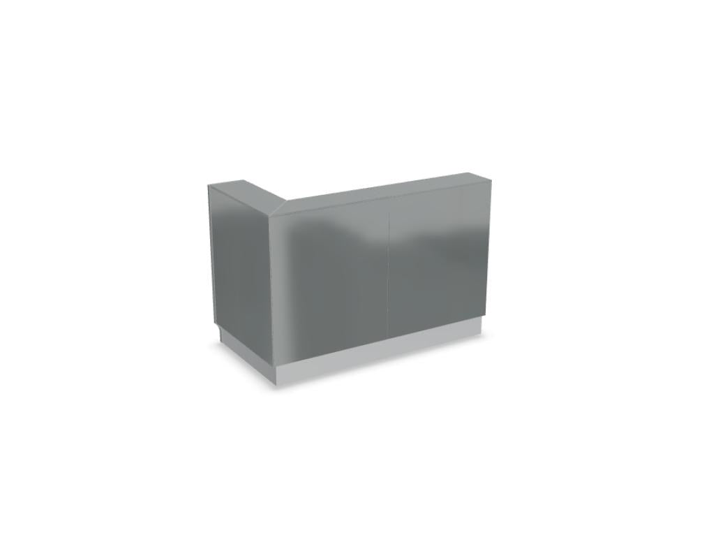 Empfangstheke Linea von Mdd mit silberner Glasfront, gebürstetem Aluminiumsockel und Edelstahl-Eckleiste, LED-Beleuchtung entlang der Theke.