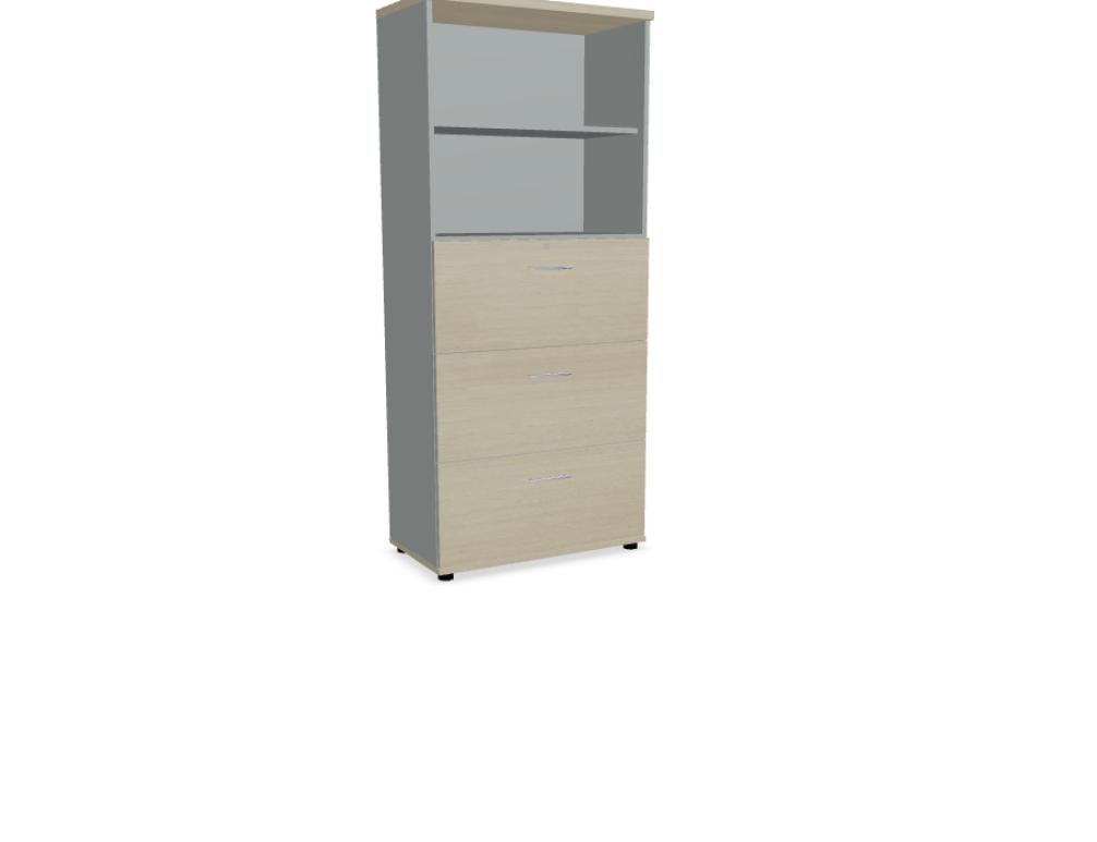 Foto eines Hängeregisterschranks von Mdd mit Front in Eiche Natur, Melamin-Korpus und Aluminium-Standardgriffen für die Büroaufbewahrung.