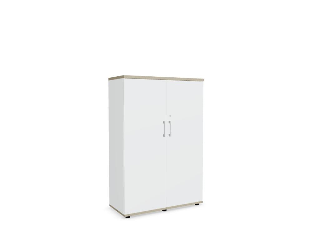 Bild eines Standard A4105 Büroschranks von Mdd; heller, moderner Schrank mit zwei transparenten Glasfronten und Seiten aus robustem Holz, ideal für Akten und Büromaterialien