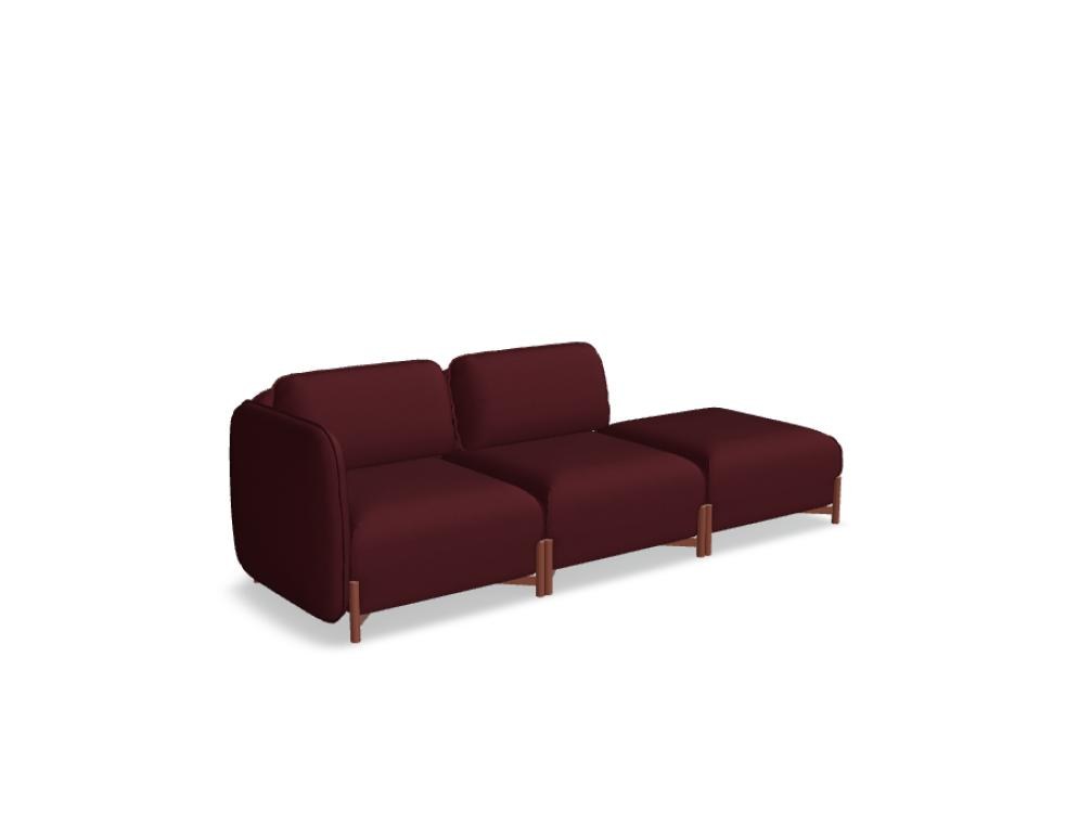 Modulares Sofa Linka von Mdd in Dunkelbeige mit Rückenkissen, Holzgestell und pulverbeschichteten Stahlseiten, gepolsterte Sitzfläche sichtbar.
