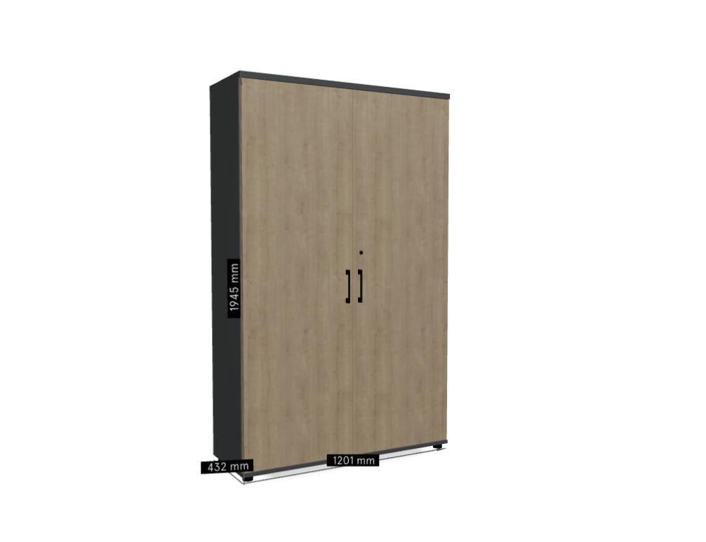 Geräumiger Büro-Schrank aus der Standard MEA5106 Linie von Mdd, mit glatten Fronten, eleganter Holzoptik, Metallgriffleiste und zwei Türspiegeln. Ideal für Akten und Büroequipment.