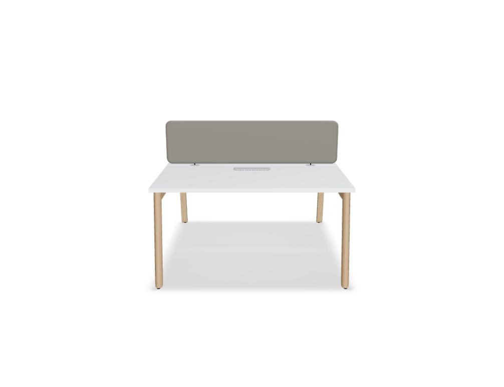 Doppelschreibtisch Ogi B Bench mit weisser Melaminplatte und Gestell aus natürlichem Buchenholz, zwei Arbeitsplätze nebeneinander.