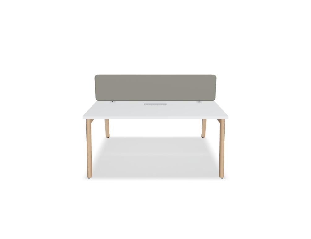 Doppelschreibtisch Ogi B Bench mit weisser Melaminplatte und Gestell aus natürlichem Buchenholz, zwei Arbeitsplätze nebeneinander.
