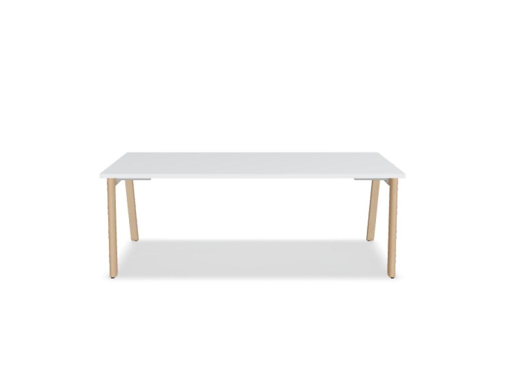 Schreibtisch Ogi B von Mdd mit weisser Melaminplatte in Pastellton und Gestell aus natürlichem Buchenholz, schlichtes skandinavisches Design.