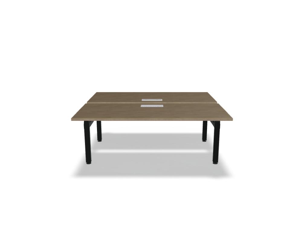 Doppelschreibtisch Ogi Drive Bench in Honigeiche mit schwarzem Metallgestell, zwei Teleskopsäulen und Bedienfeldern für Höhenverstellung.