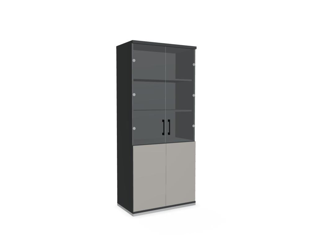 Vitrine mit Front aus Aluminium Satinato, Glastüren mit Aluminiumrahmen und Aluminiumgriffen, fünf Regalböden, Höhe 183 cm.