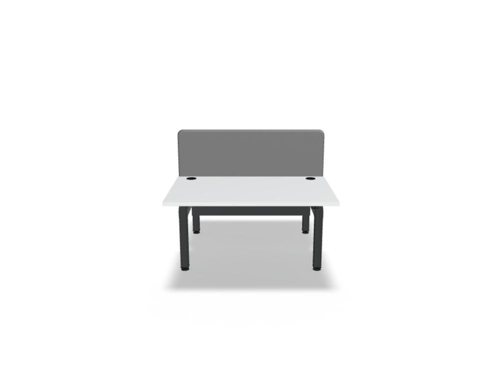 Doppelschreibtisch Ogi Drive Bench von Mdd in Honigeiche mit schwarzem Metallgestell und zweimotorigem Hubmechanismus.
