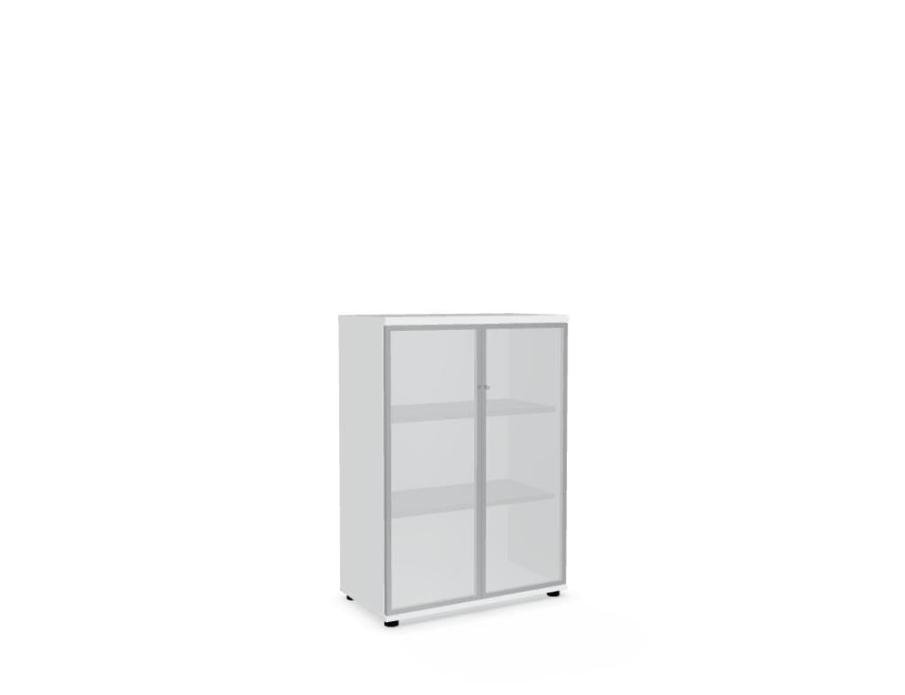 Weisse Vitrine mit zwei Glastüren aus Klarhartglas, vertikalem Aluminiumgriff und Korpus aus Melaminplatte, Modell Standard von Mdd.