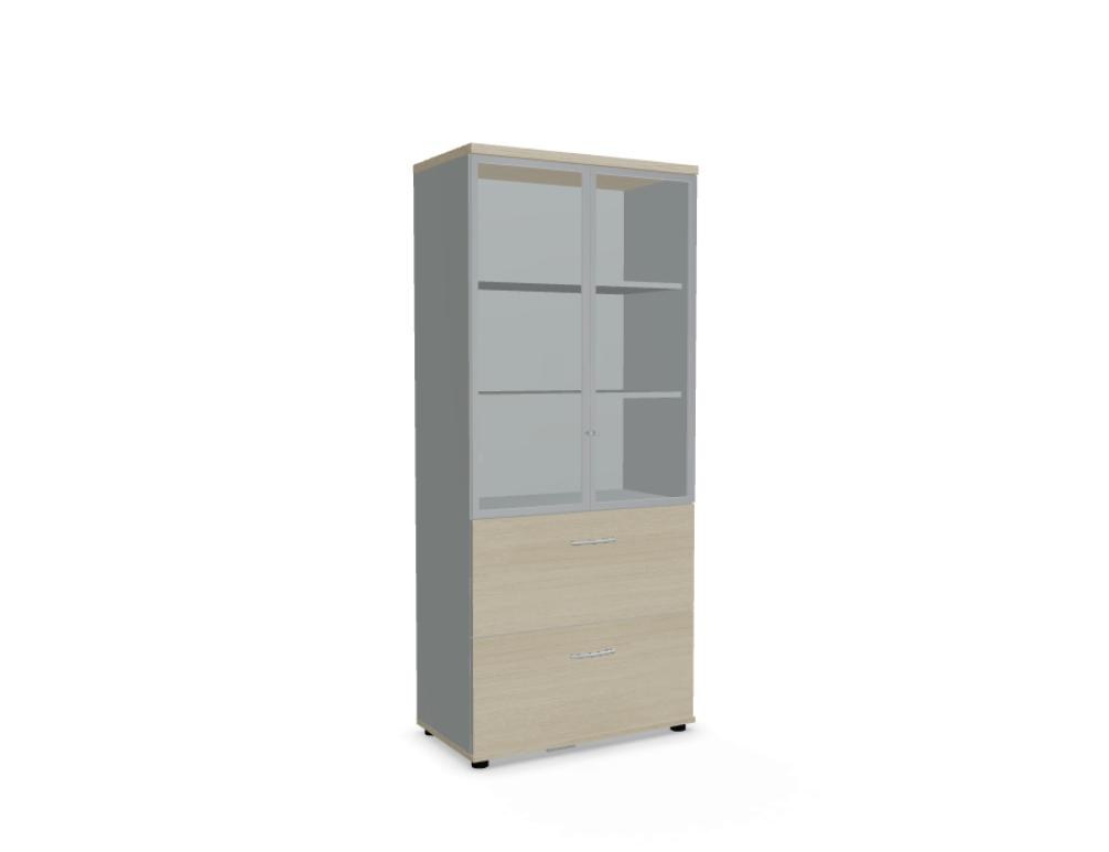Weisse Vitrine mit zwei Glastüren aus Klarhartglas, vertikalem Aluminiumgriff und Korpus aus Melaminplatte, Modell Standard von Mdd.