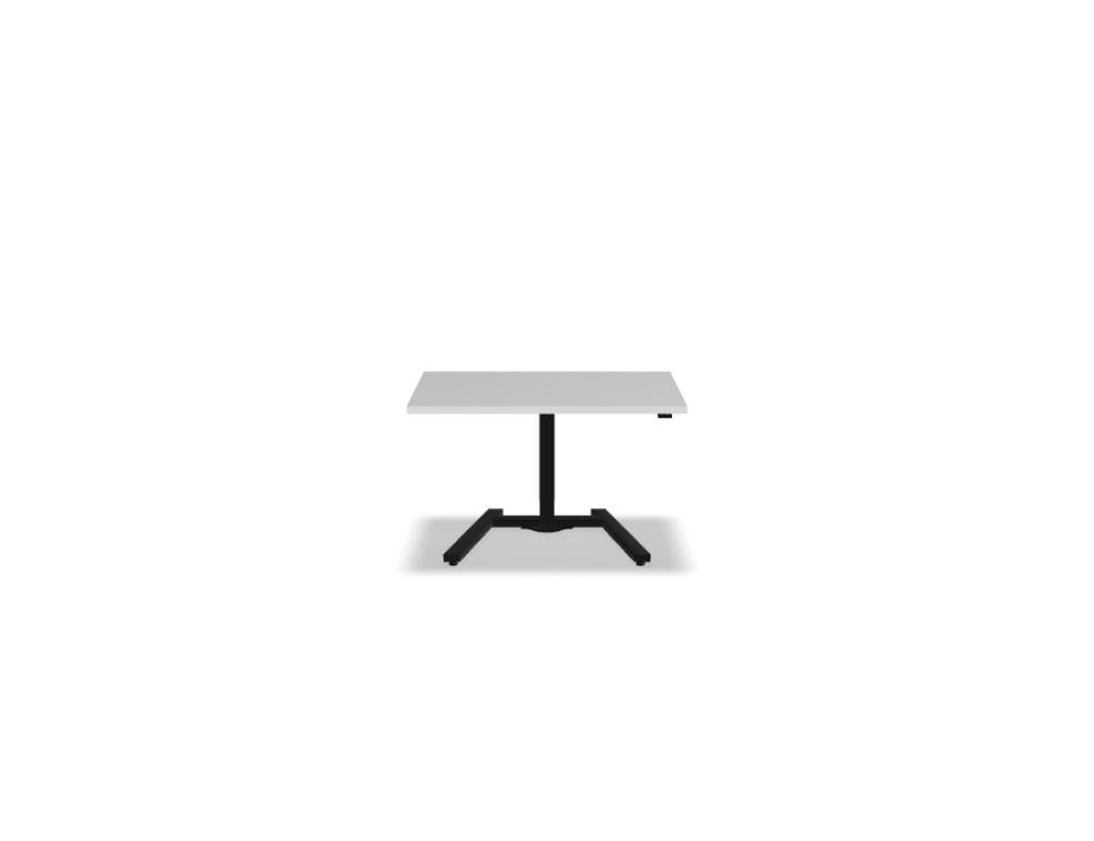 Elektrisch höhenverstellbarer Schreibtisch Ogi One von Mdd mit Tischplatte in Honigeiche und schwarzem Metallgestell auf einem Tischbein.