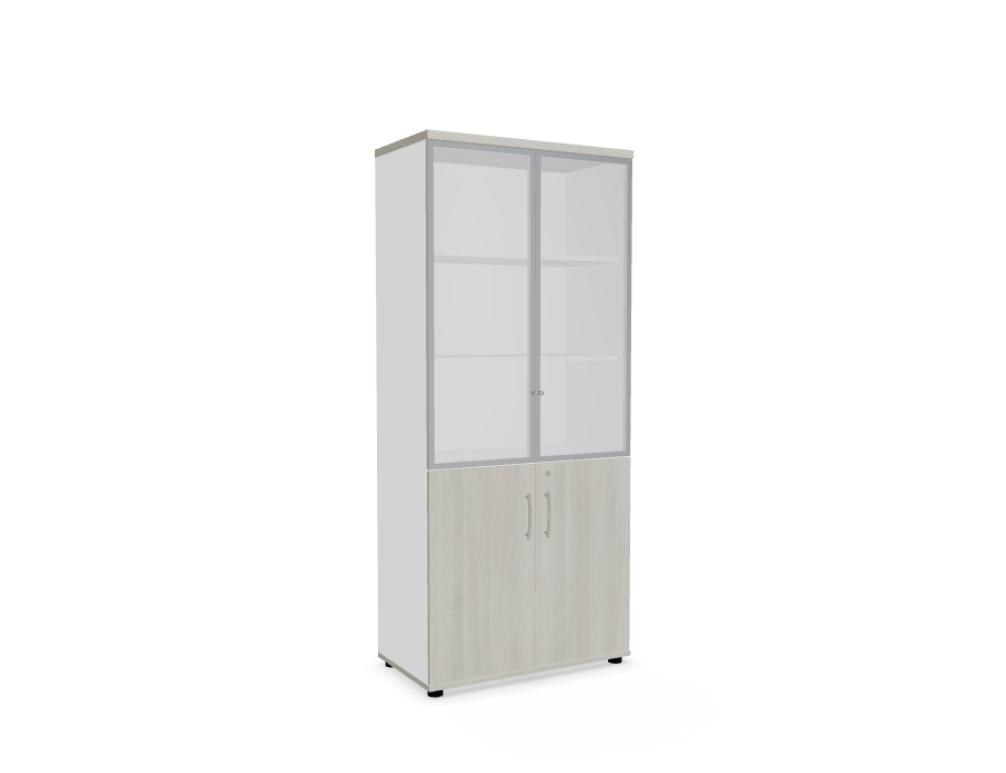 Weisse Vitrine mit zwei Glastüren aus Klarhartglas, vertikalem Aluminiumgriff und Korpus aus Melaminplatte, Modell Standard von Mdd.