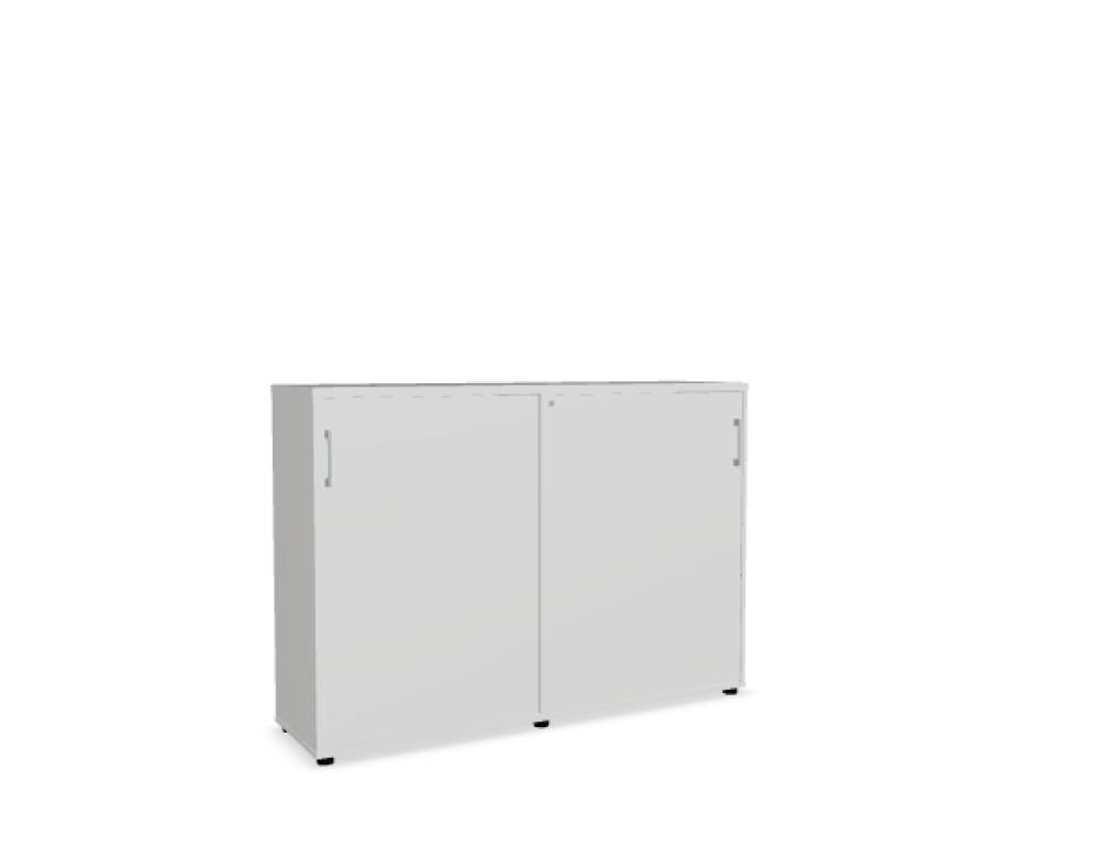 Schiebetürenschrank mit Front in Eiche Natur, Korpus und Bodenplatte in Weiss Pastell, aus Melaminplatten mit ABS-Umleimer gefertigt.