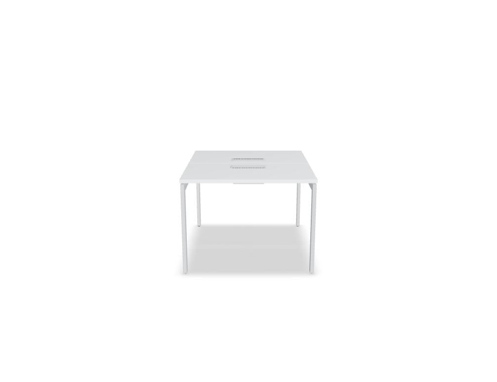 Doppelschreibtisch Ogi U Bench von Mdd mit Melaminplatte in Honigeiche und schwarzem Metallgestell, für zwei Arbeitsplätze.