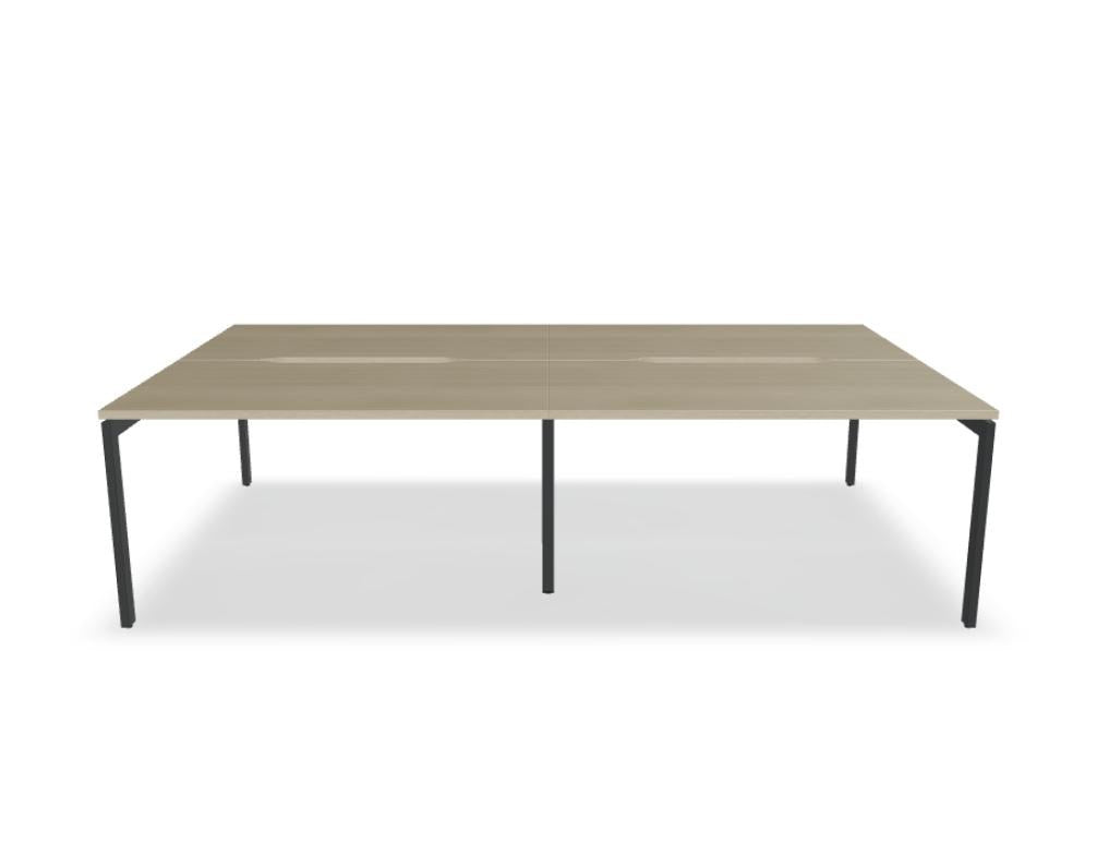 Doppelschreibtisch Ogi U Bench von Mdd mit Melaminplatte in Honigeiche und schwarzem Metallgestell, für zwei Arbeitsplätze.