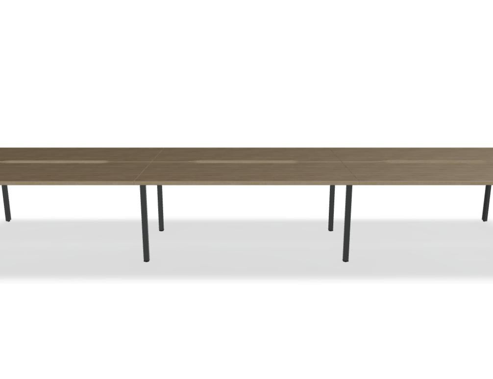 Doppelschreibtisch Ogi U Bench von Mdd mit Melaminplatte in Honigeiche und schwarzem Metallgestell, für zwei Arbeitsplätze.