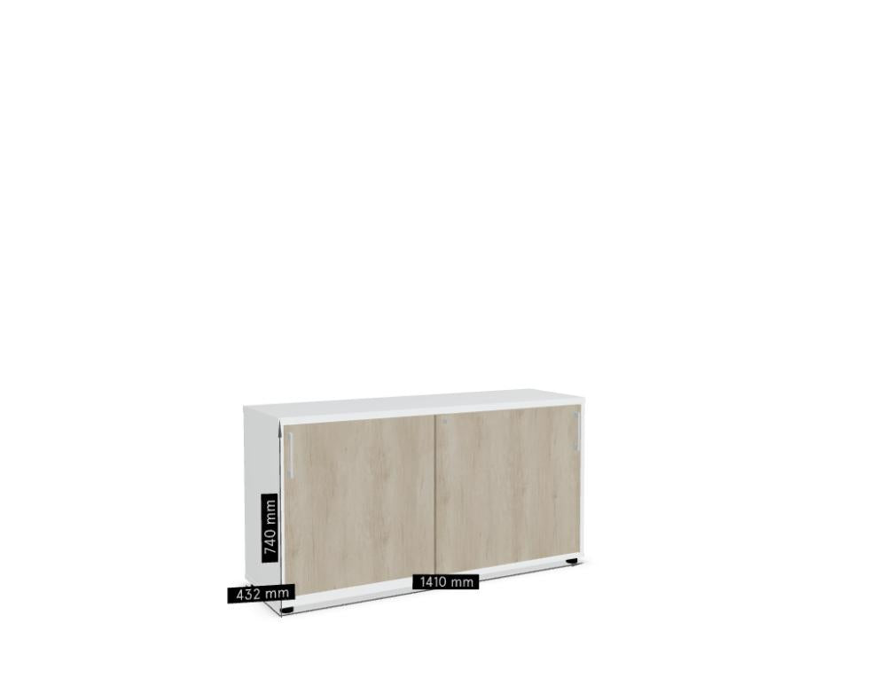 Mdd Standard A2P14K Büroschrank mit Schiebetüren in hellem Holzdekor und silbernem Korpus, modern und platzsparend.