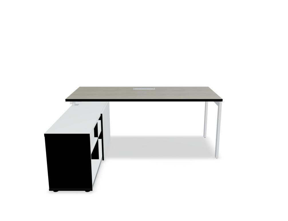 Schreibtisch Ogi U mit Managerschrank in Honigeiche, Gestell schwarz halbmatt, Melaminplatte mit ABS-Umleimer, Metallrahmen.