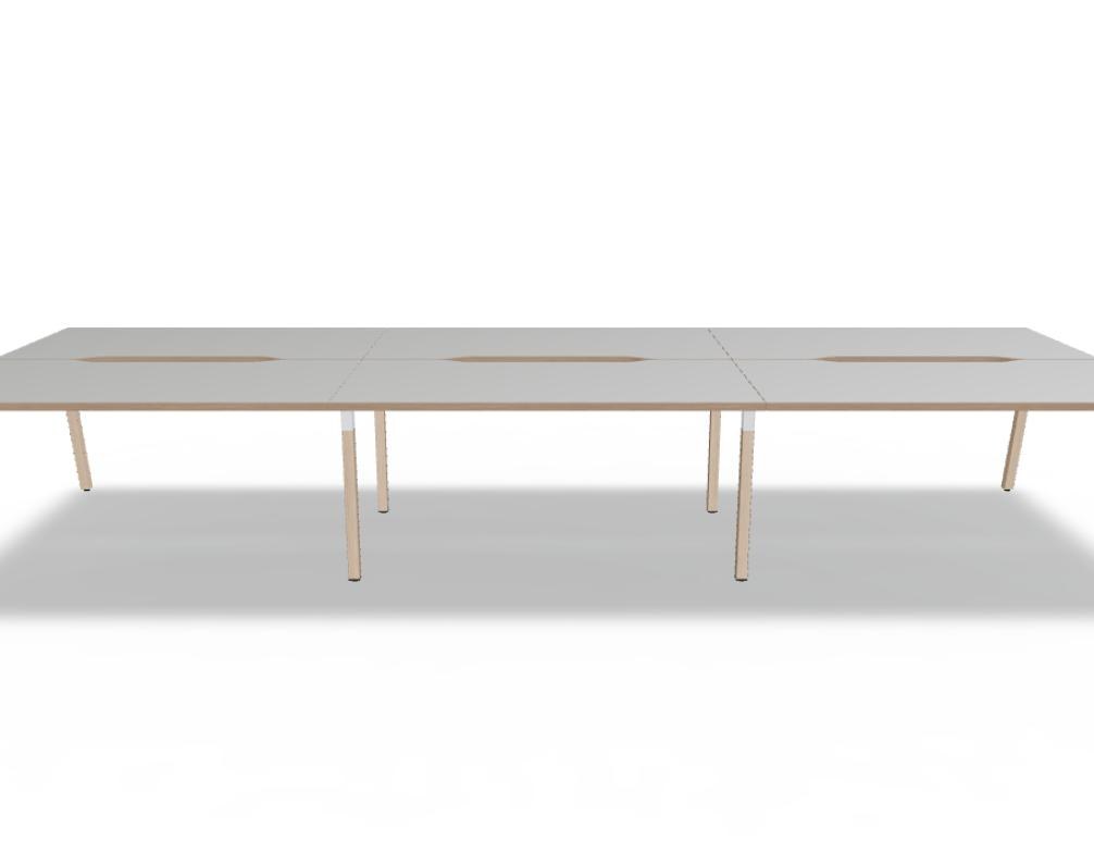 Doppelschreibtisch Ogi W Bench mit Platte in Honigeiche, Gestell aus Eschenholz und schwarzem Metallrahmen, für zwei Arbeitsplätze.