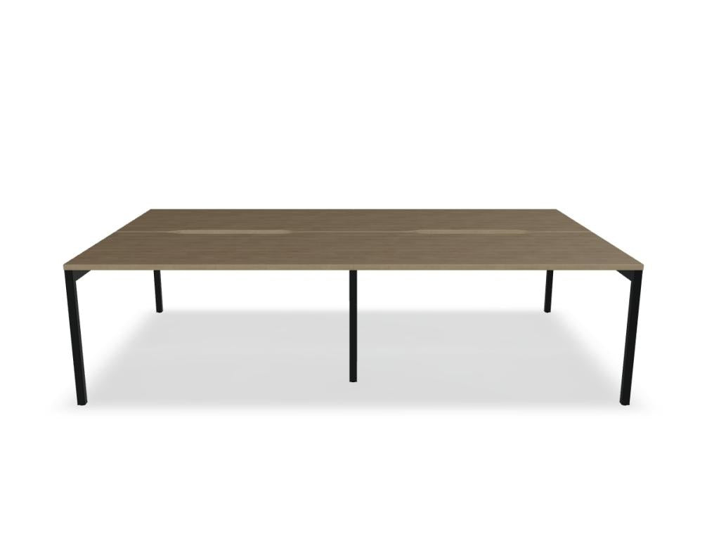 Doppelschreibtisch Ogi Y Bench von Mdd in Honigeiche mit schwarzem Metallgestell, Tischplatte für zwei Arbeitsplätze nebeneinander.