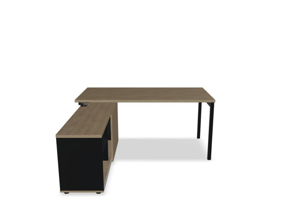 Schreibtisch Ogi Y mit Managerschrank in Honigeiche, Metallgestell schwarz halbmatt, Melaminplatte mit ABS-Umleimer, Massangaben 160x160x74 cm.