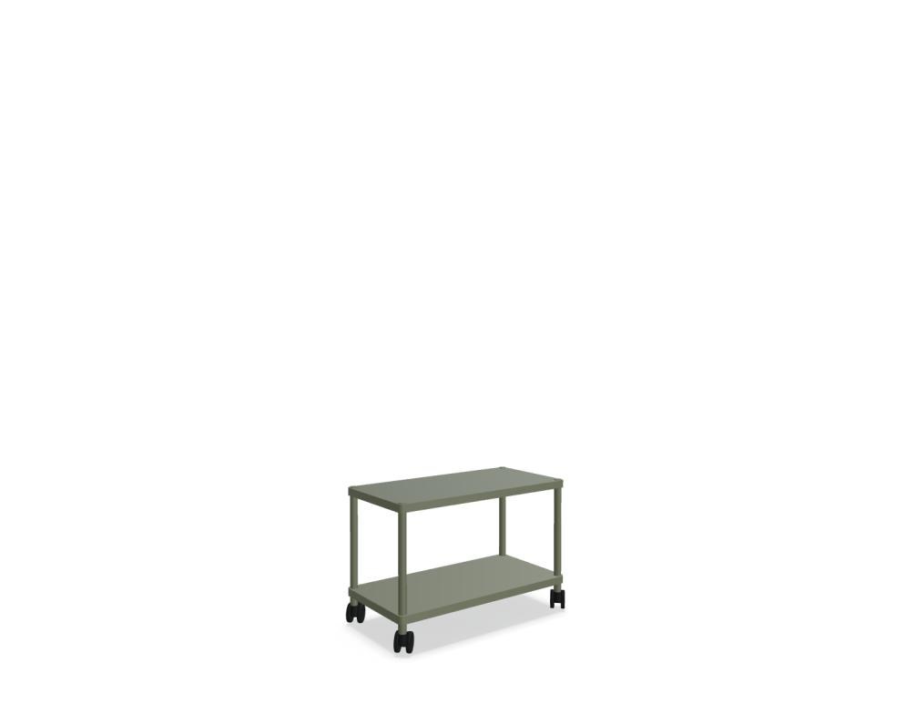 Foto des Regals Stilt von Mdd: pulverbeschichtetes Stahlgestell und lackierte MDF-Platten in Blau Halbmatt, modulare Bauweise mit mehreren Fächern.