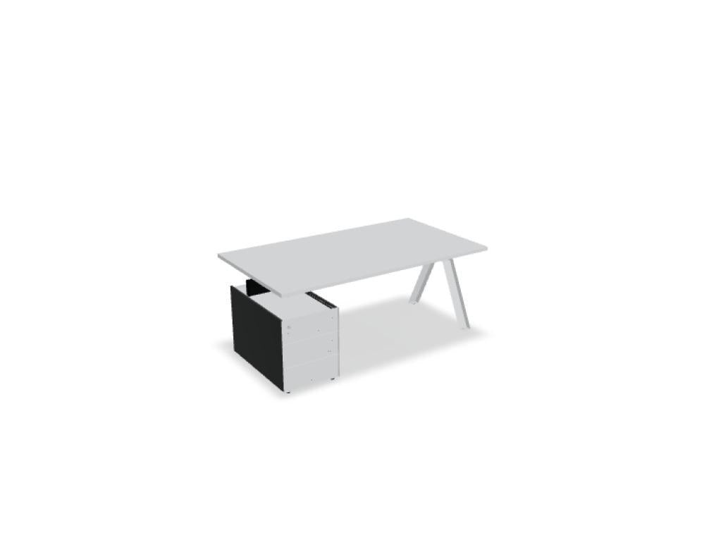 Chefschreibtisch Viga mit Container in Dunkler Walnuss, Aluminiumgestell in Schwarz und Eichenfuss, Ansicht von vorne.