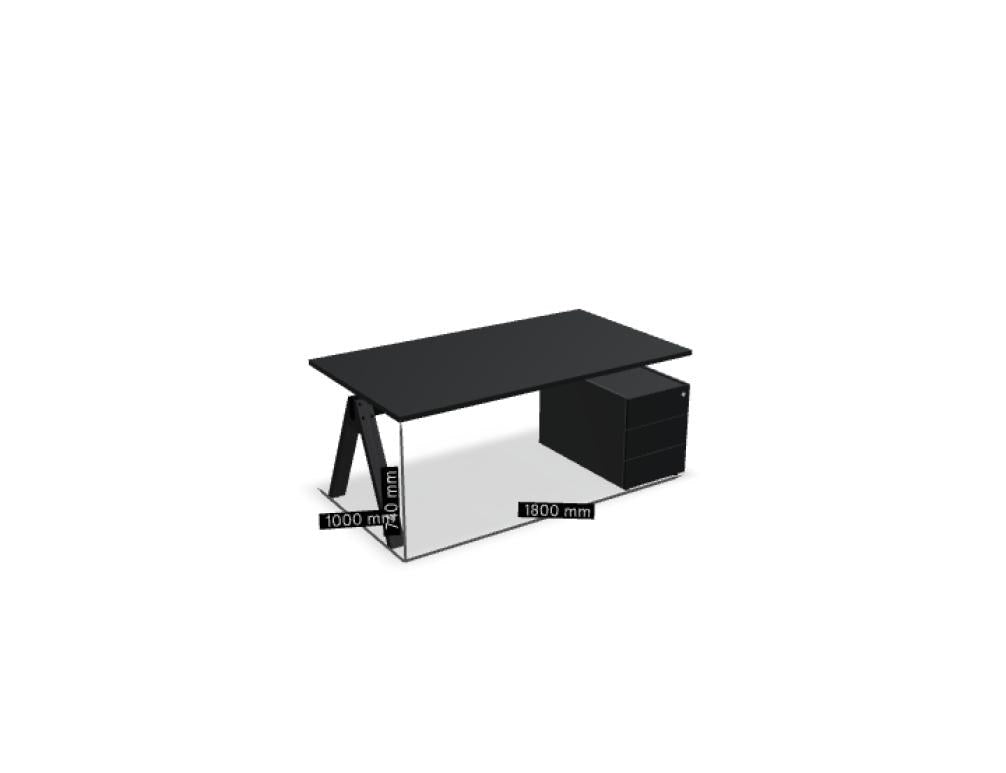 Chefschreibtisch Viga mit Container in Dunkler Walnuss, Aluminiumgestell in Schwarz und Eichenfuss, Ansicht von vorne.