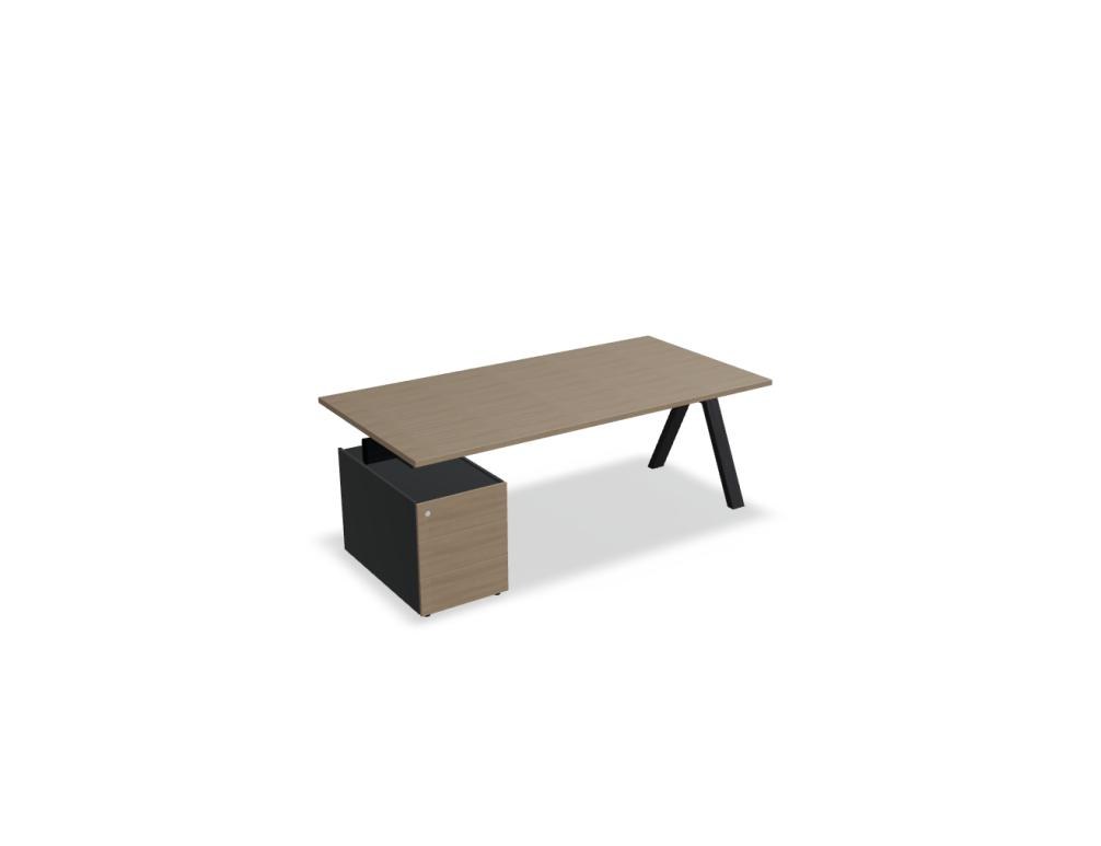 Chefschreibtisch Viga mit Container in Dunkler Walnuss, Aluminiumgestell in Schwarz und Eichenfuss, Ansicht von vorne.