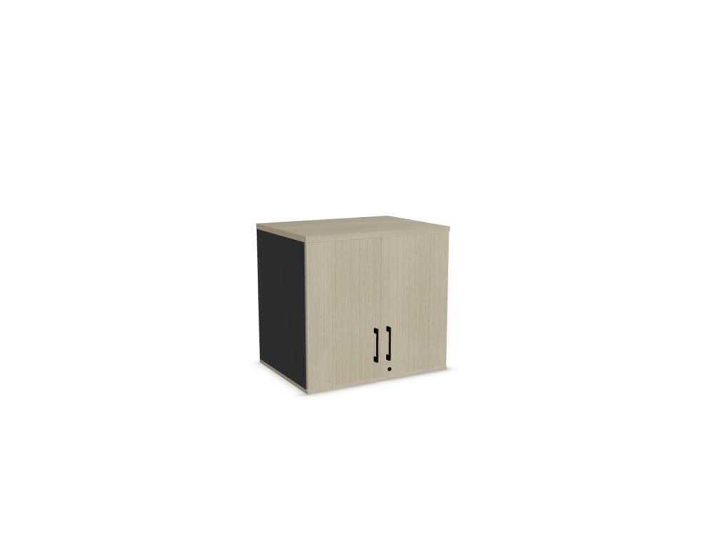 Aufsatzschrank mit Flügeltüren, Front in Eiche Natur, Korpus Weiss Pastell, Melaminplatte, für Büromöbel-Aufbau geeignet.