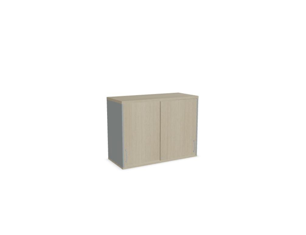 Aufsatzschrank mit Flügeltüren, Front in Eiche Natur, Korpus Weiss Pastell, Melaminplatte, für Büromöbel-Aufbau geeignet.