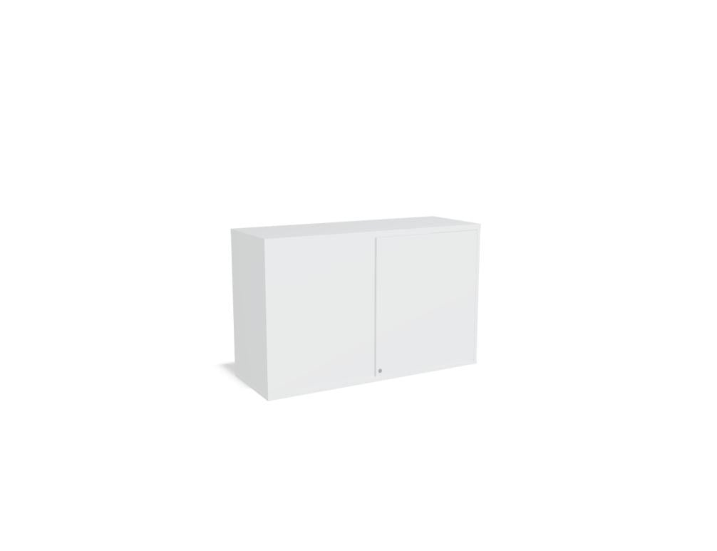 Aufsatzschrank mit Flügeltüren, Front in Eiche Natur, Korpus Weiss Pastell, Melaminplatte, für Büromöbel-Aufbau geeignet.