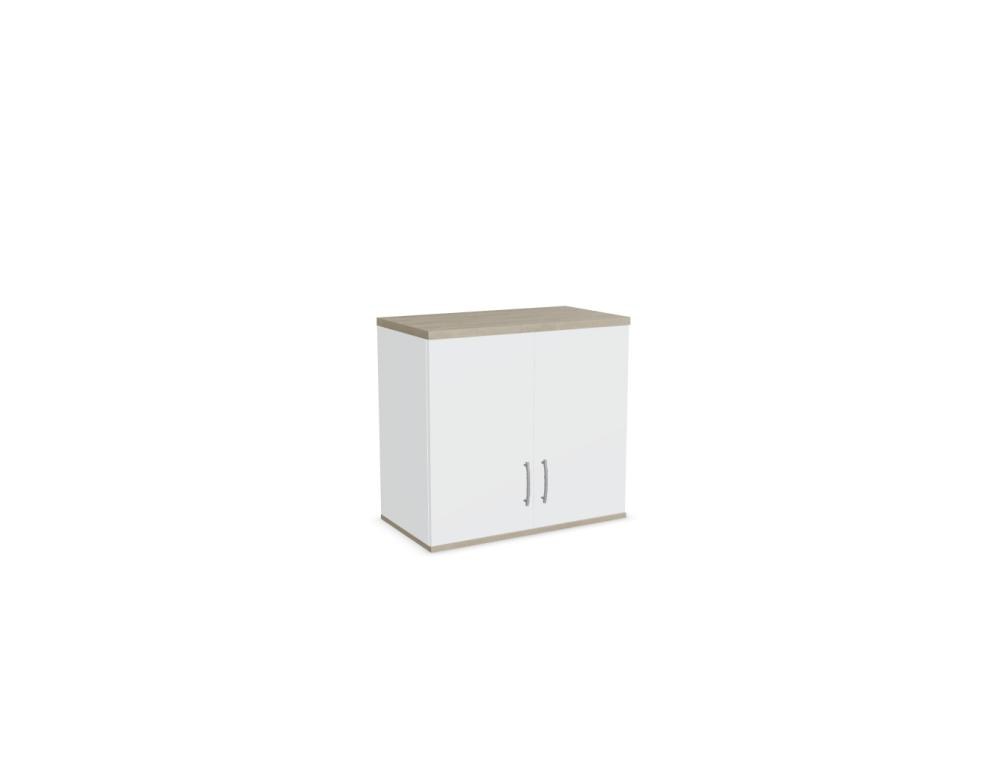Aufsatzschrank mit Flügeltüren, Front in Eiche Natur, Korpus Weiss Pastell, Melaminplatte, für Büromöbel-Aufbau geeignet.