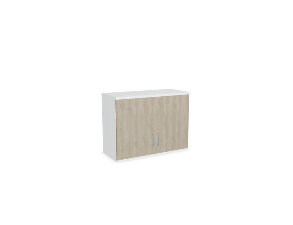 Aufsatzschrank mit Flügeltüren, Front in Eiche Natur, Korpus Weiss Pastell, Melaminplatte, für Büromöbel-Aufbau geeignet.