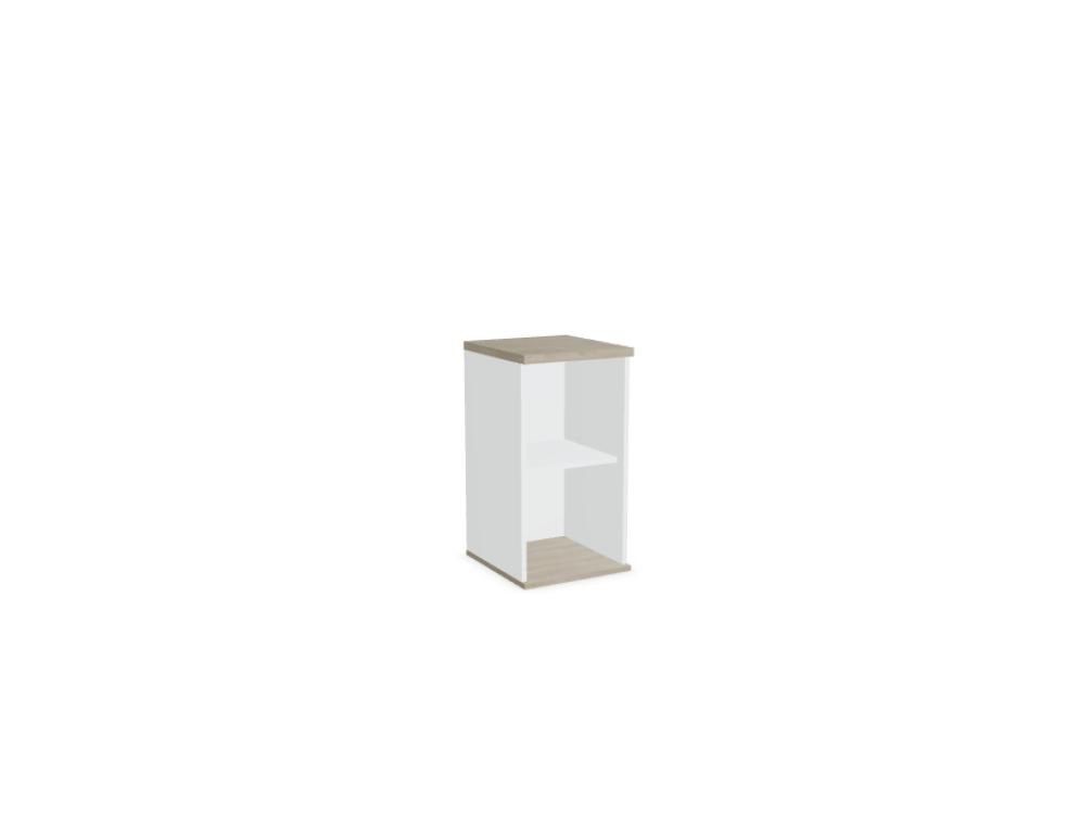 Aufsatzschrank mit Flügeltüren, Front in Eiche Natur, Korpus Weiss Pastell, Melaminplatte, für Büromöbel-Aufbau geeignet.