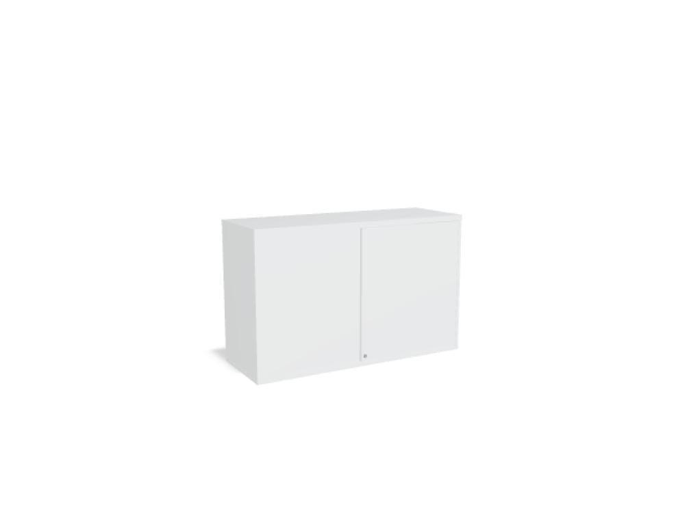Aufsatzschrank mit Flügeltüren, Front in Eiche Natur, Korpus Weiss Pastell, Melaminplatte, für Büromöbel-Aufbau geeignet.