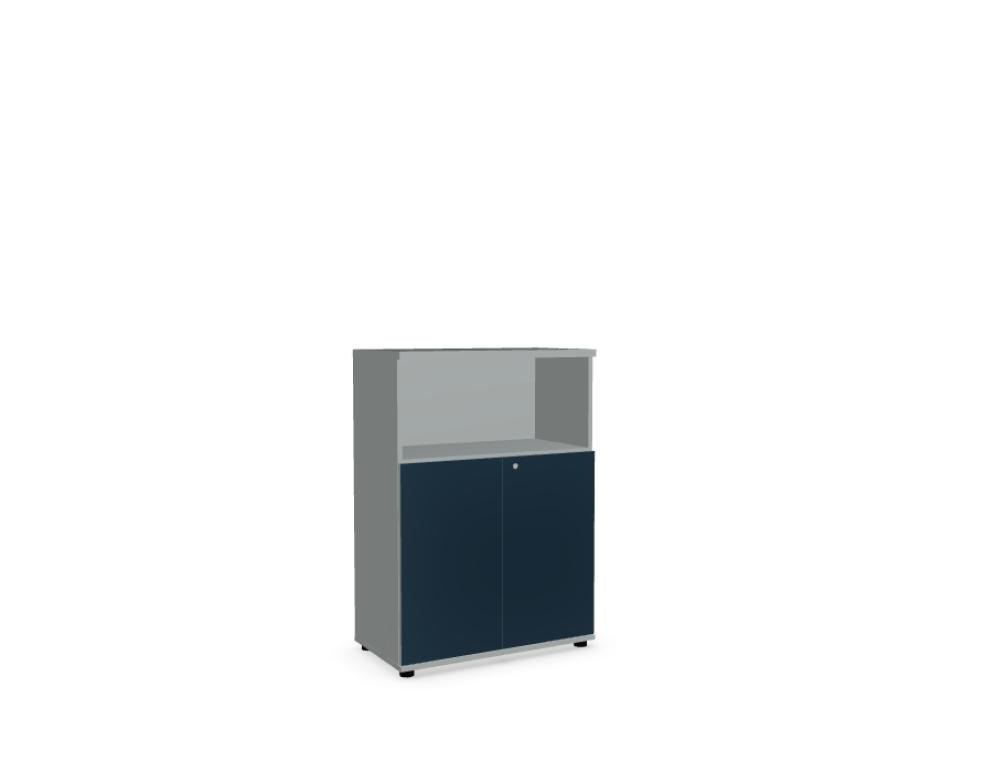 Standregal Color Halbregal von Mdd in Aluminium Satinato mit offenen Fachböden und geschlossenem Schrankteil mit HPL-Front.