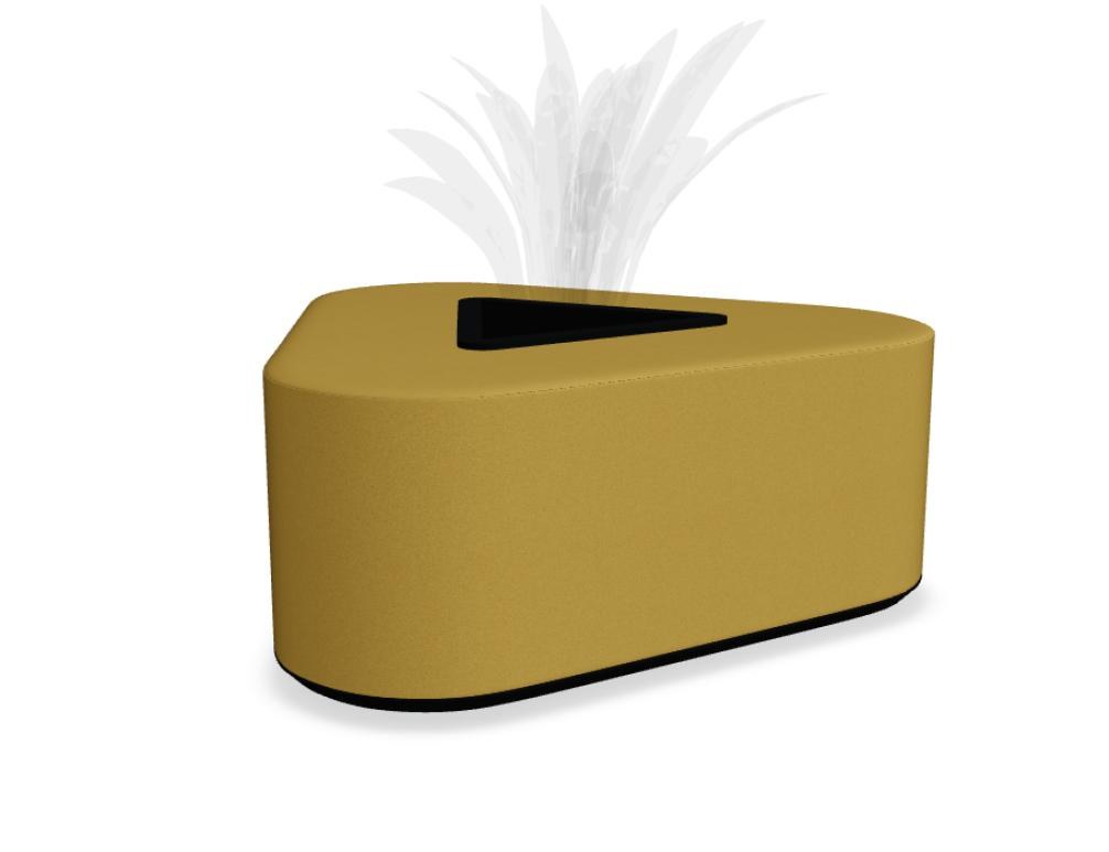 Dreieckiger Hocker mit hellgrauem Stoffbezug, gepolstertem Sitz, schwarzer MDF-Basis, rundem Blumentopf und drei Kunststofffüssen, Frontalansicht.